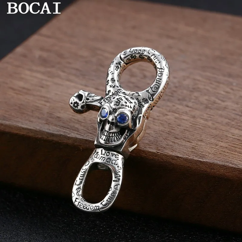 BOCAI  S925 Silver Pendant Skull Keychain Turnable, English Letter Graffiti Thai Vintage Ornament Valentine's Day Gift