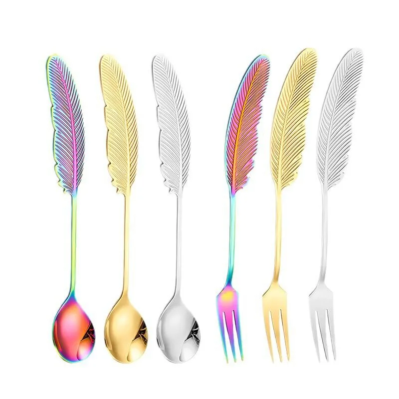 

Feather 304 Stainless Steel Dessert Cocktail Coffee Mixing Stirring Spoons Ice Cream Honey Tea Small Spoon Scoop Fruit Fork Set