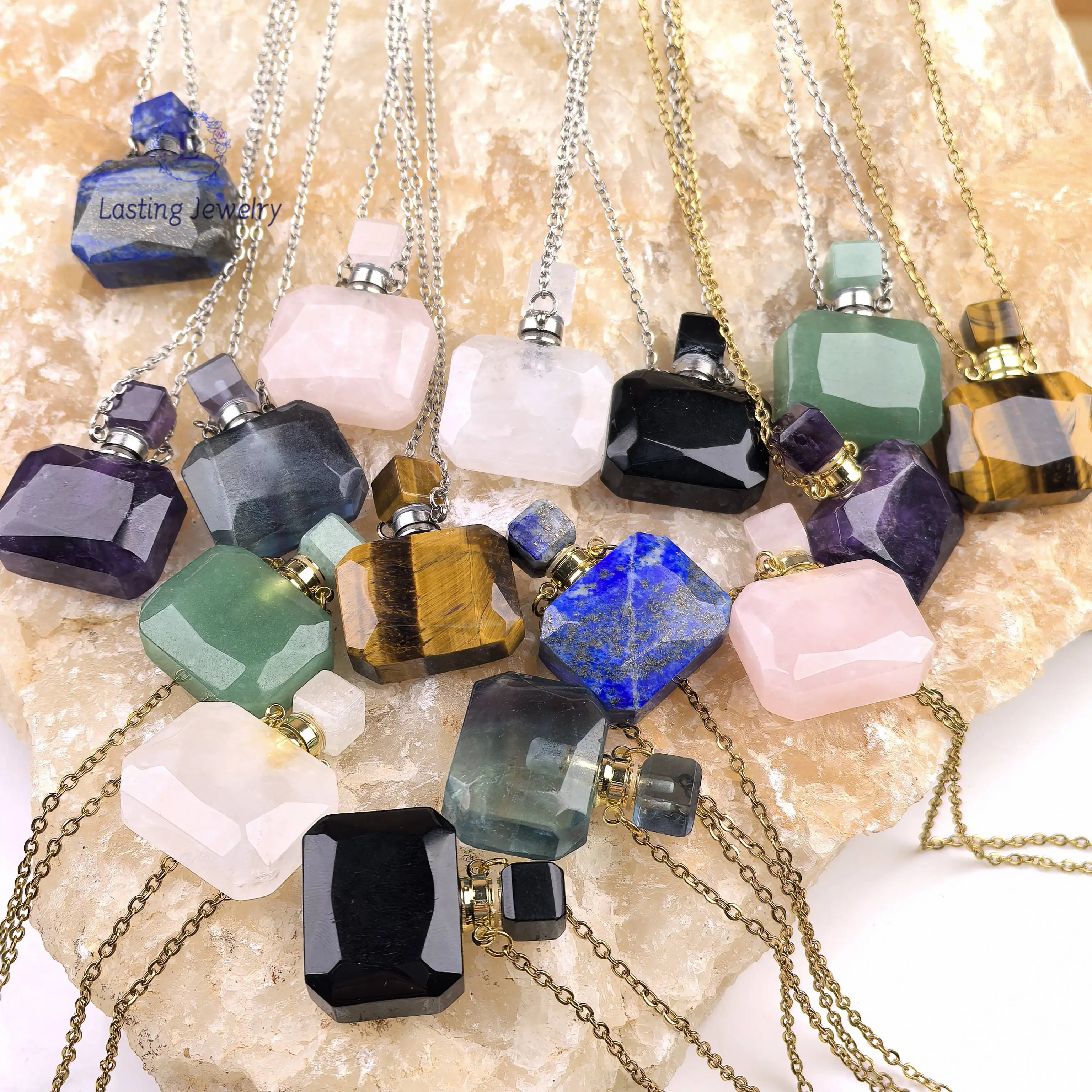 

Natural Stone Essential Oil Diffuser Vial Charms Healing Crystal Rose Quartz Obsidian Perfume Bottle Pendant Necklace Jewelry