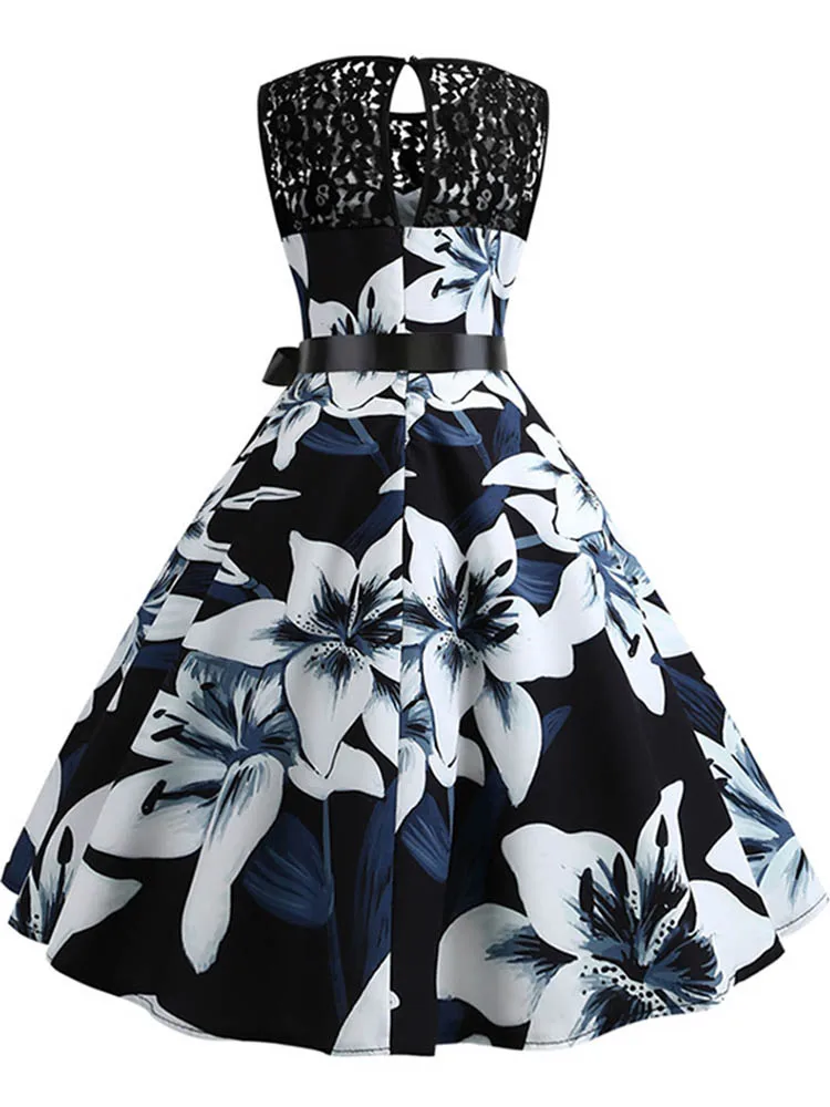 Lace Patchwork Floral Print Women Summer Dress Hepburn 50s 60s Elegant Vintage Dress Office Ladies A-Line Party Dresses Belt