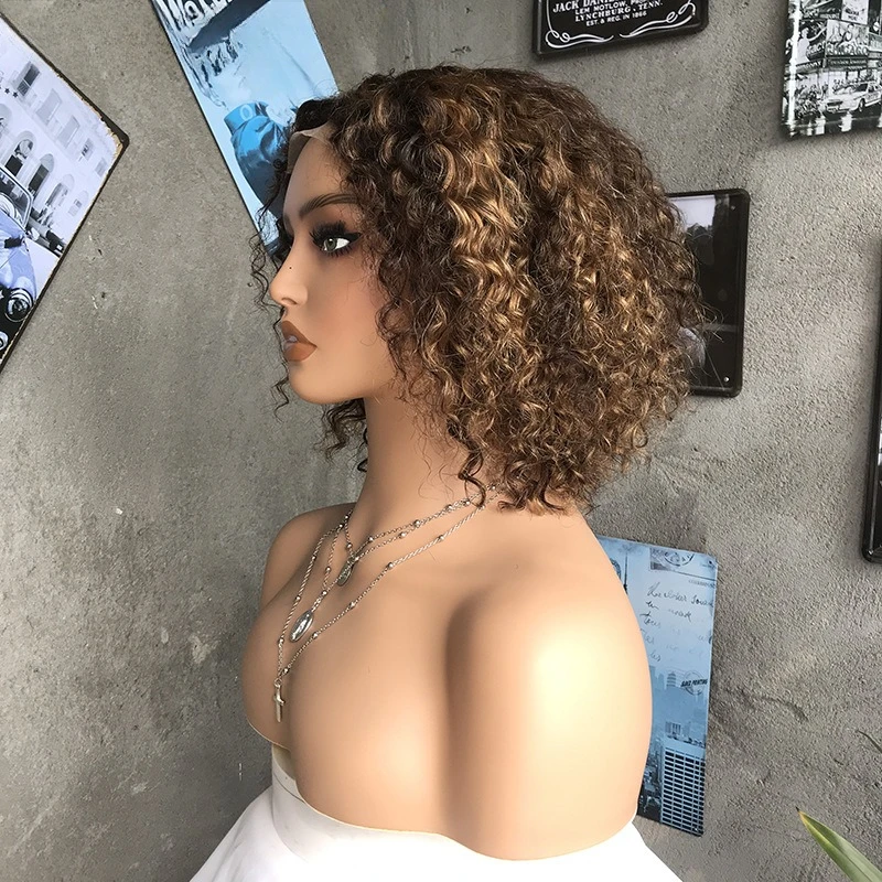 

P4/27 Deep Wave Short Curly Wigs 4x4 T Part Lace Human Hair Pre-Plucked Hairline Brazilian Virgin Hair Wig Remy Soft and Silky