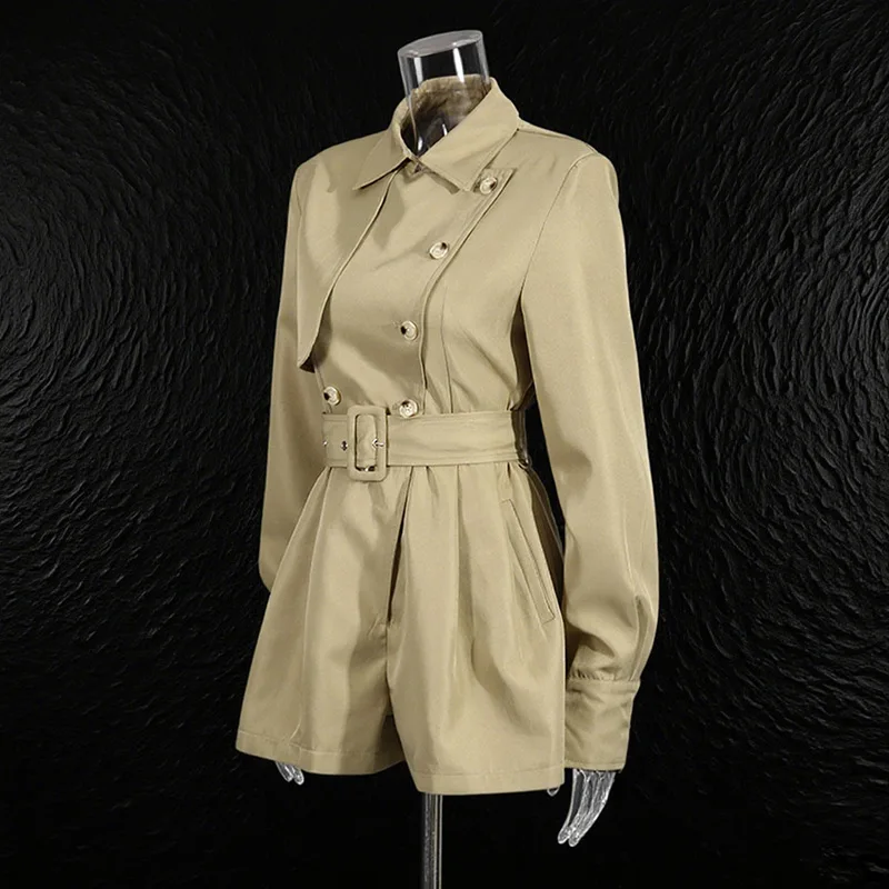 High Street Casual Style Short Windbreaker Women's 2026 Spring New Item Collar with Belt Solid Color Jumpsuit