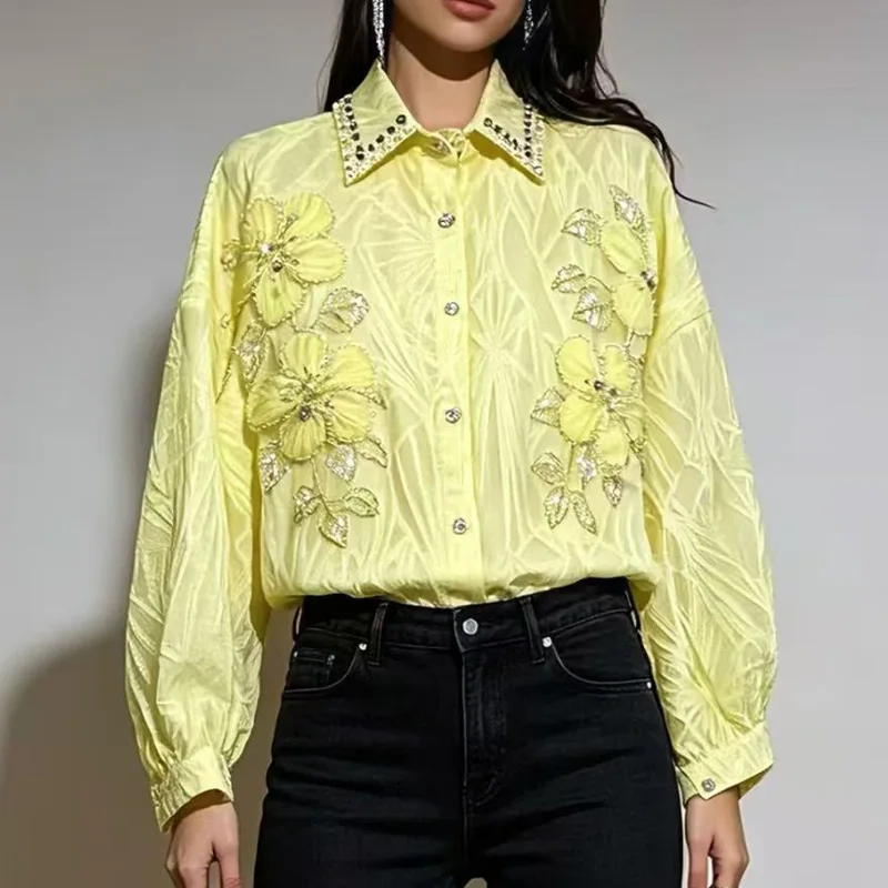 

Women French Elegant Blouse Heavy Sequins Embroidery Rhinestone Inlaid Lantern Sleeve Loose Slim Fashion Shirt