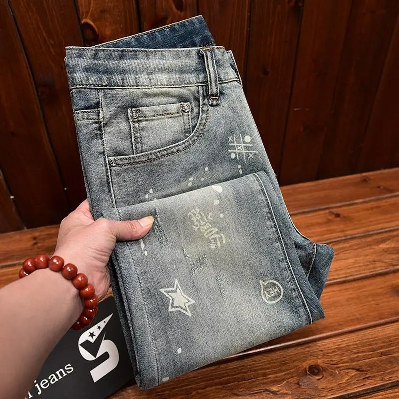 Trendy printed slim fit jeans for men, stretchy casual street fashion, 2025 summer thin light colored long pants