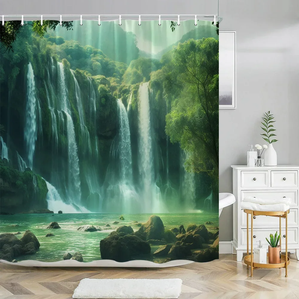 3D Tropical Forest Natural Scenery Waterproof Shower Curtain Green Trees Moss Deep Forest Bathroom Partition Screen Bath Curtain