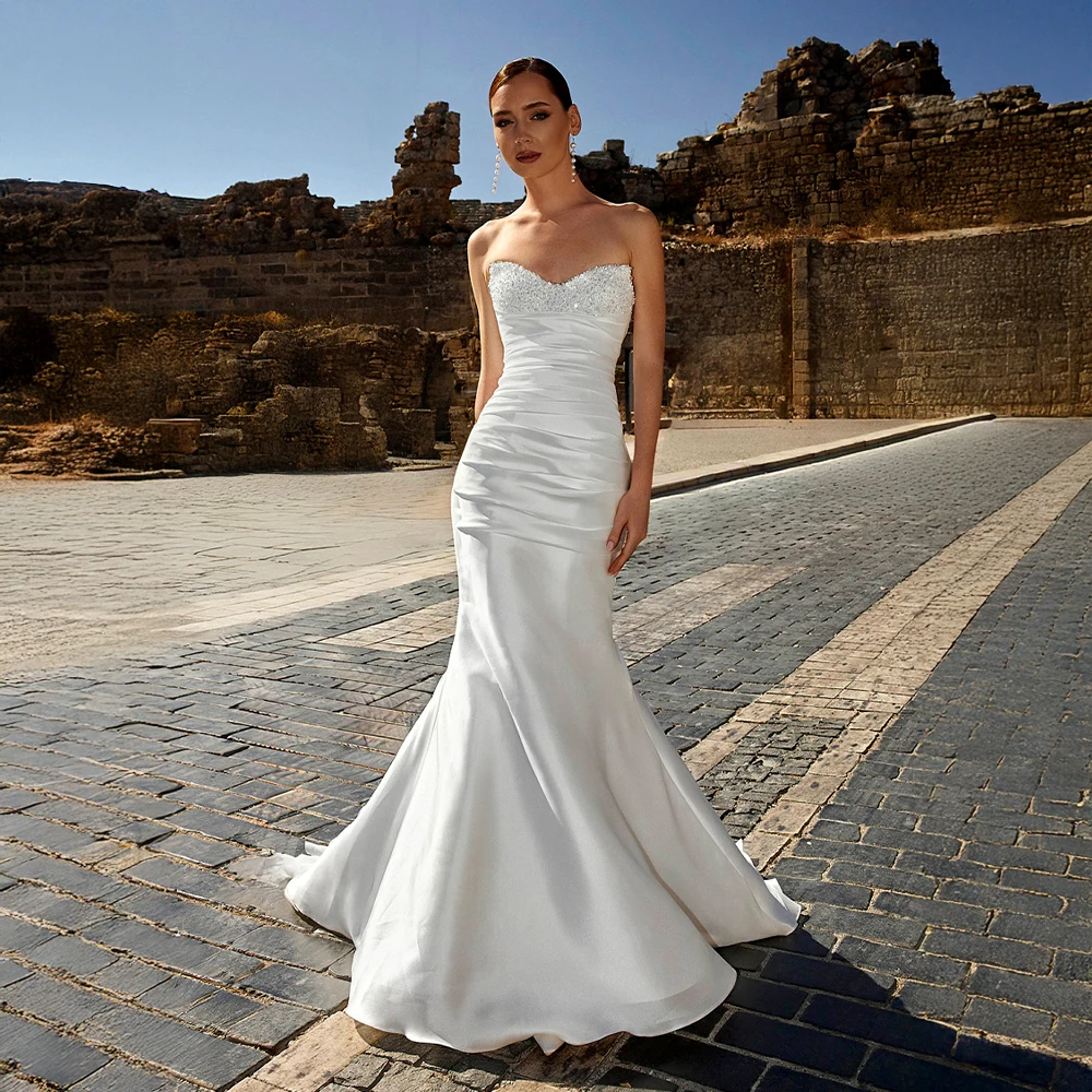 

Customized Mermaid Wedding Dress With Beaded Bodice Ruched Satin Skirt And Chapel Train Sophisticated Bridal Dress For Bride