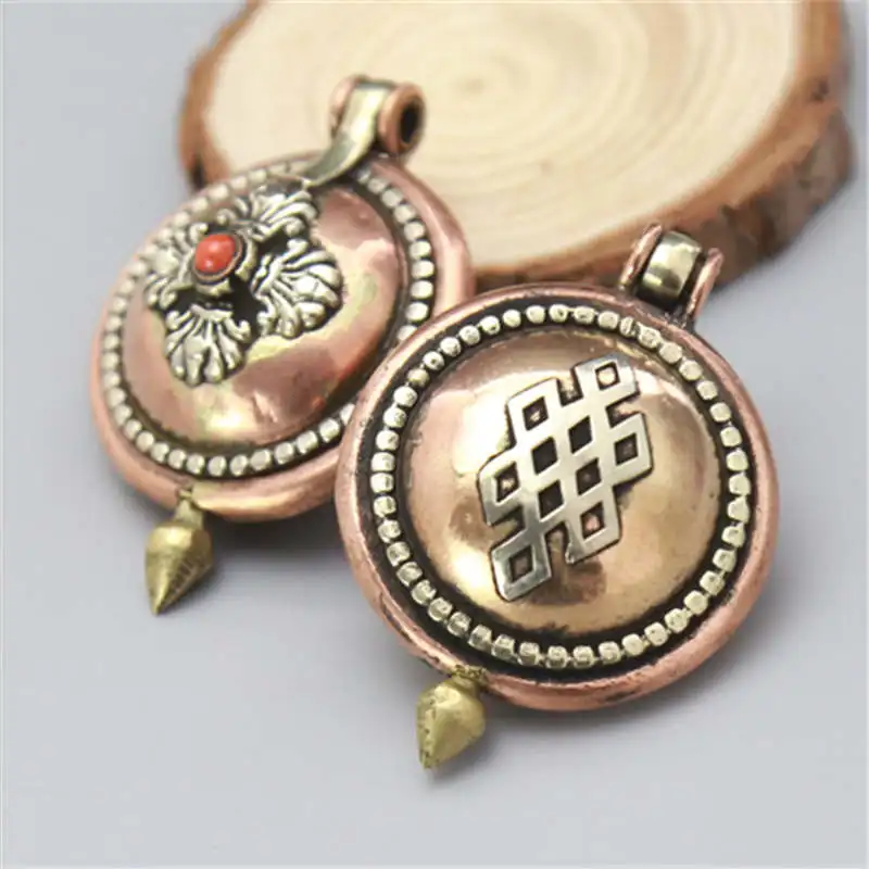 

Tibetan Red Brass Cross Dorje Endless Knots Round Prayer box Amulet Locket Pendants Lucky knots TGB082