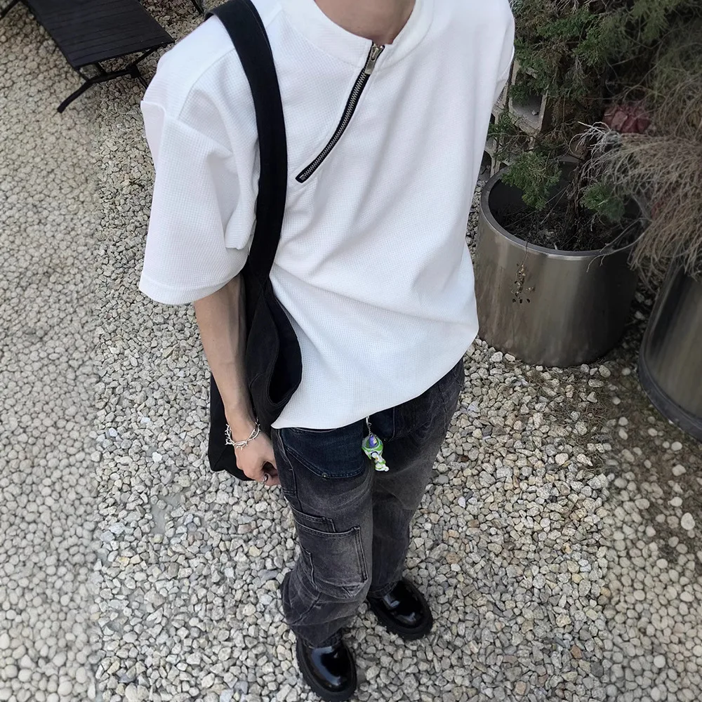 

Heavyweight 320g Pure Cotton ort Sve T-irt Men's Small Collar Zipper Design Casual Comfortable Spring Summer Top