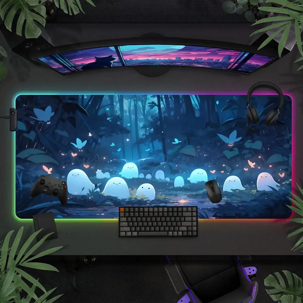 

Forest Ghost Mouse Pad Large RGB Gaming Mousepads LED Light Locked Edges Game Accessories Table Pads PC Keyboard Mat XXL 90x40cm