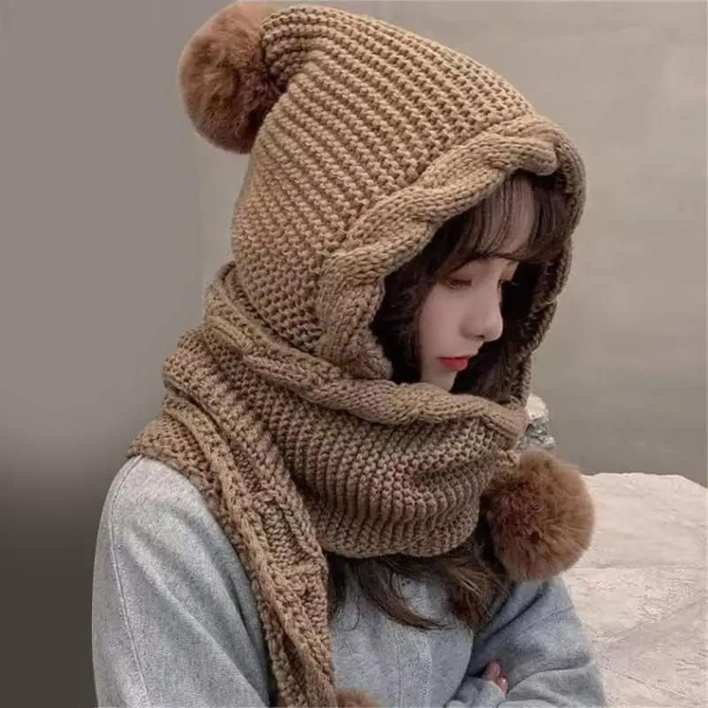 

72XE Fashion Knitted Scarf Hat Warmth Earflap Pullover Hat For Women Outdoor Activity
