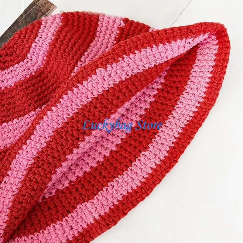 

X7XE Fashion Crochet Stripe Pattern Bucket Hat for Woman Camping Travel Fisherman Hat