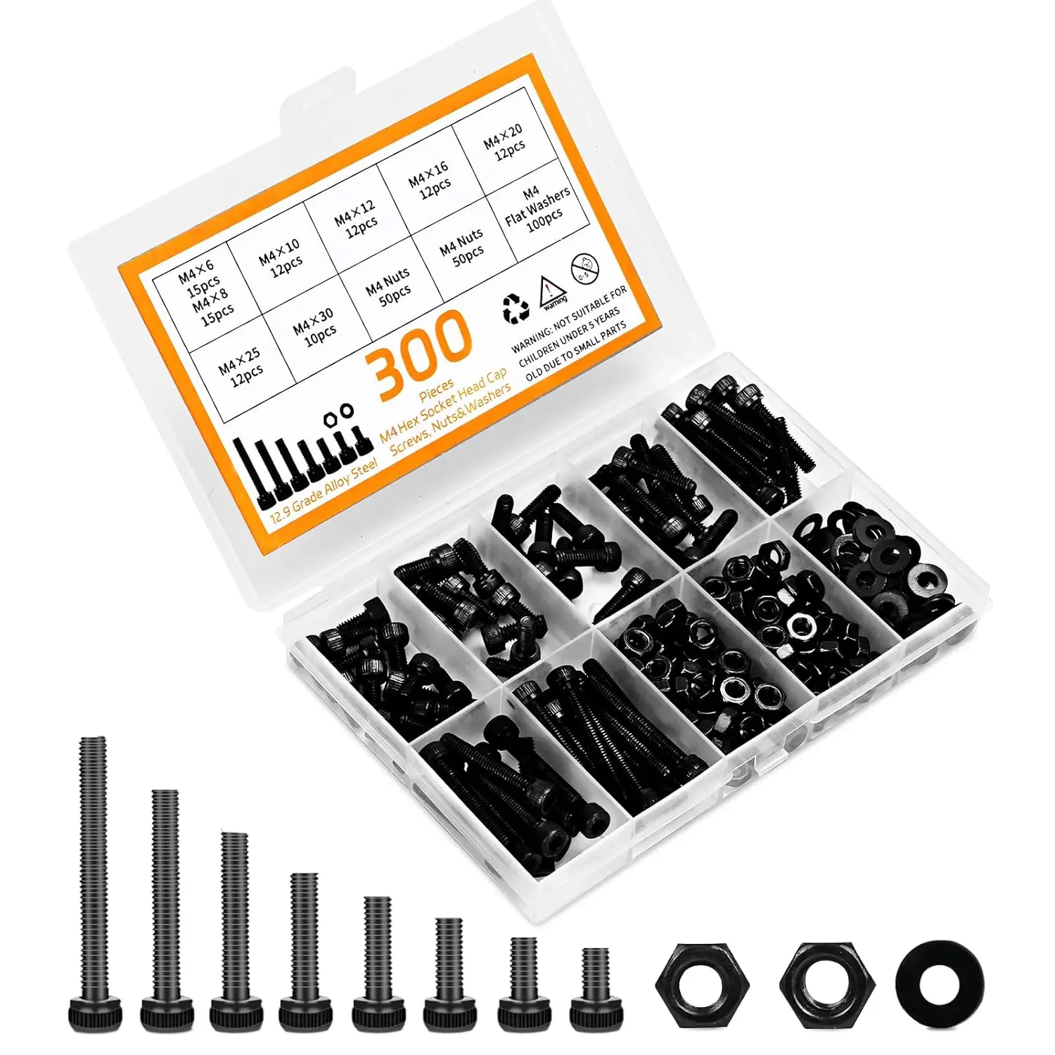 

300 sets of M4 screw kits, including nuts and washers, with specifications of M4 x 6 / 8 / 10 / 12 / 16 / 20 / 25 / 30 millimete
