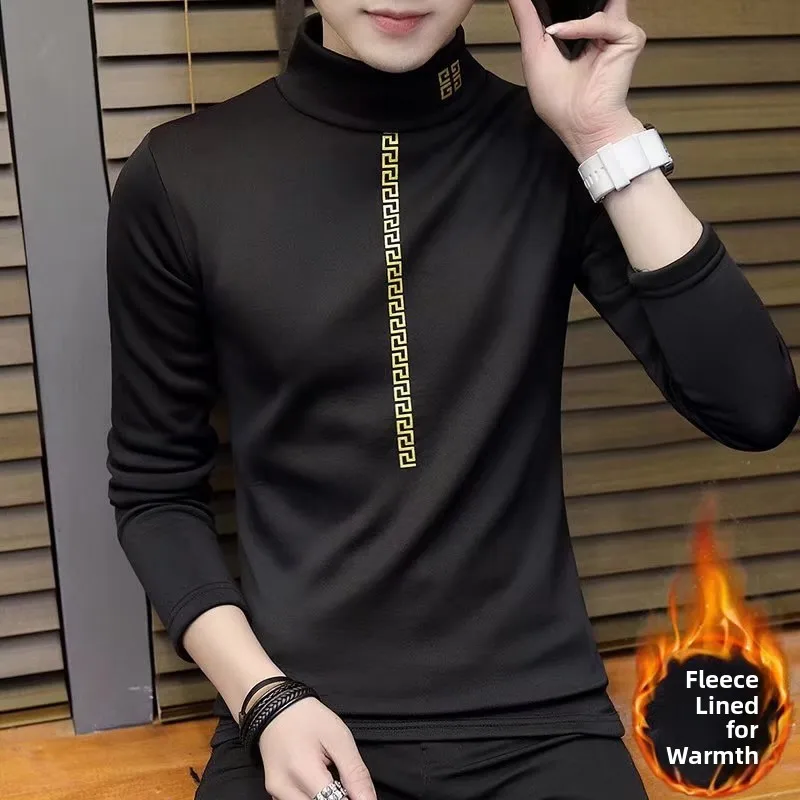 Men's Modal High Neck Long Sleeve T-Shirt Slim Fit Fleece Lined mid Neck Base Shirt Youth Fashion Winter Warm Geometric Print