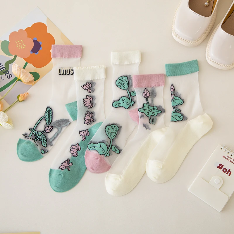 New Arrivals Japanese Korea Harajuku Women Socks Fashion Spring Summer Cool Floral Transparent Trend Breathable Glass Silk Socks