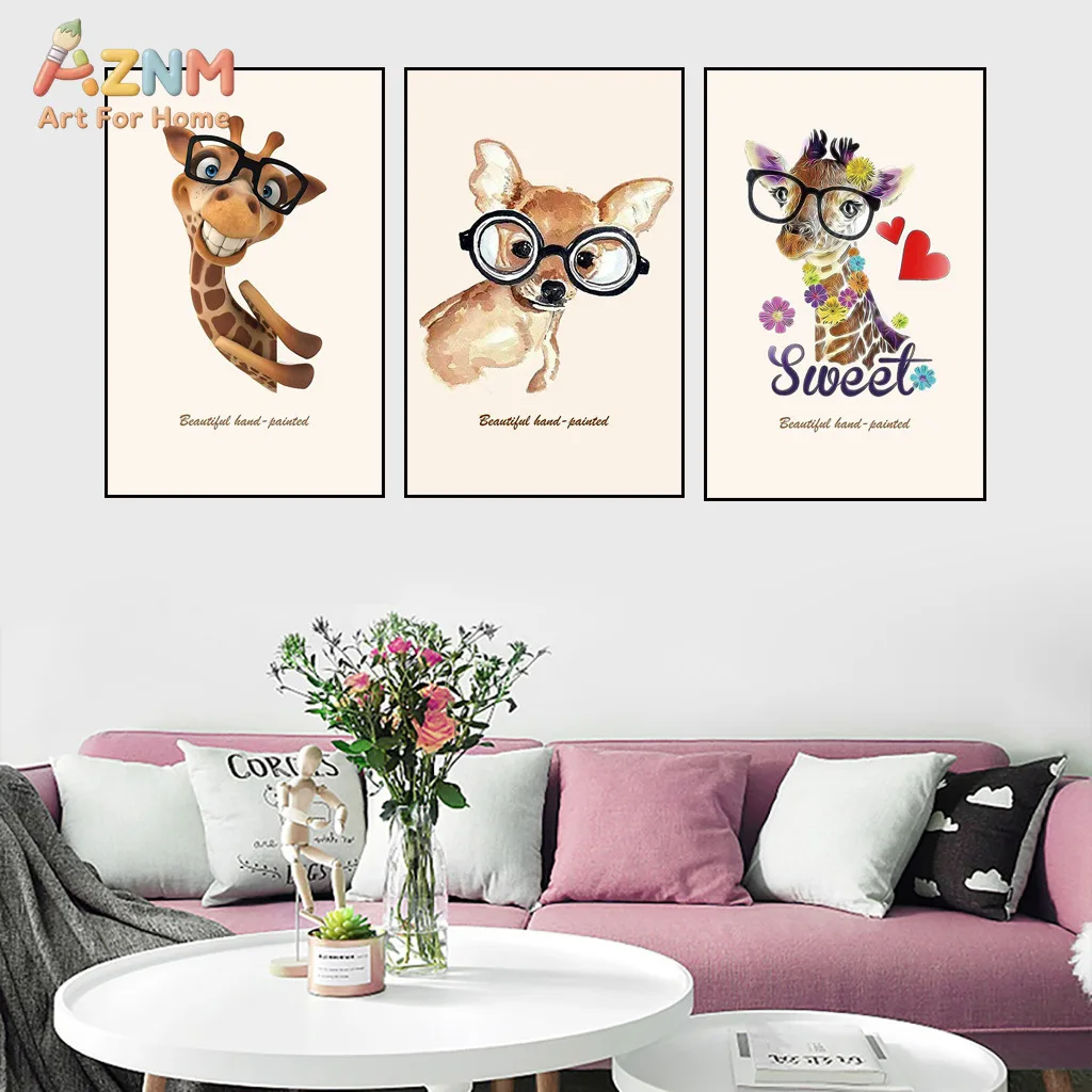 AZNM Cute Cartoon Animal Canvas Print Giraffe Chihuahua Wearing Glasses Floral Sweet Letter Kids Room Beige Background Unframed
