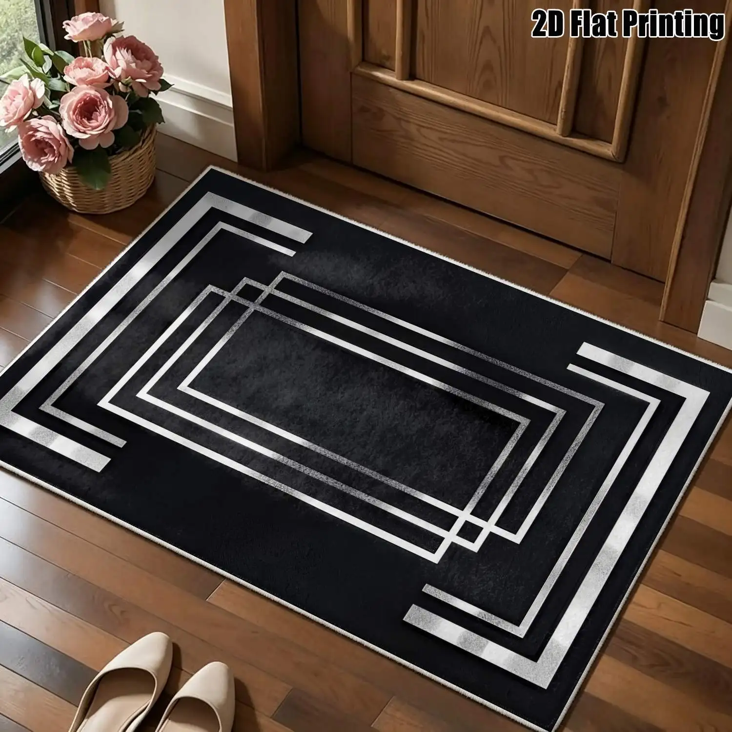 1Pc 2D Printed Velvet Carpet, Silver-Black Geometric Lines, Modern Simple Home Decor Mat, Multi-Size Machine Washable, for Entrance/Dining/Bedroom/Living Room