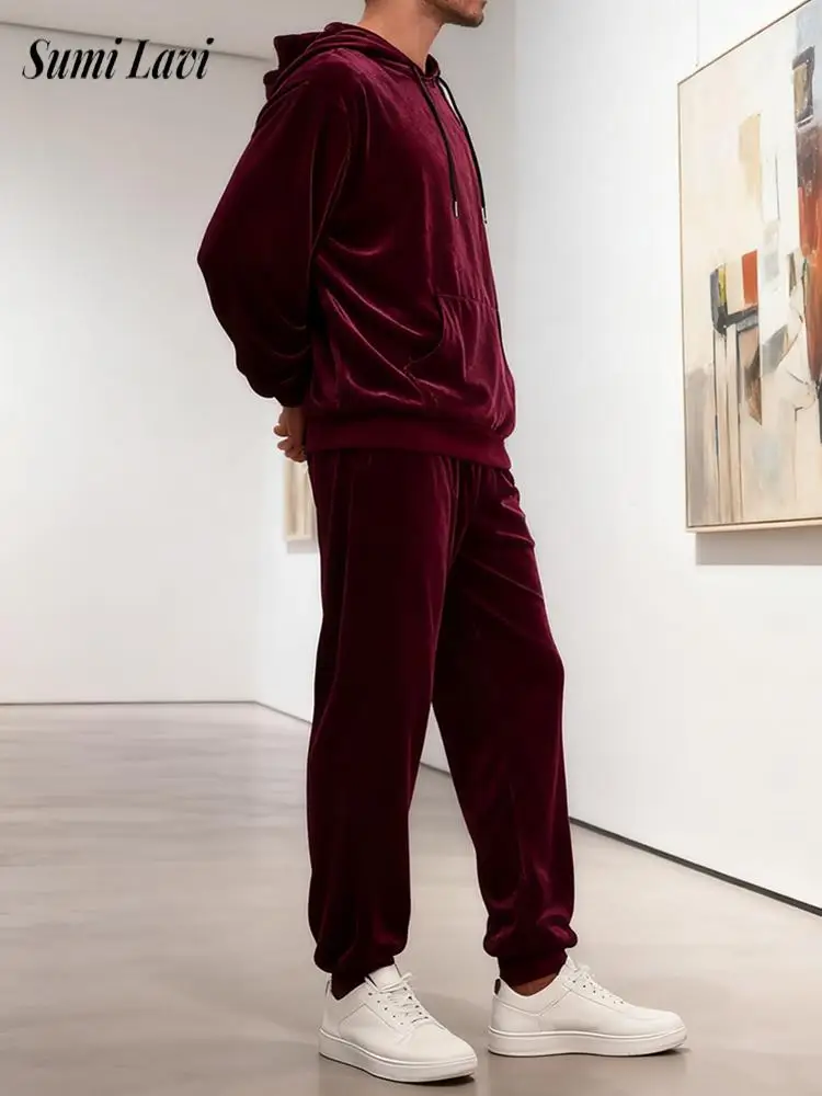

Fashion Solid Color Velvet Two Piece Sets Mens Fall Winter Casual Long Sleeve Hoodie And Pants Outfit Men Clothing Vintage Suits