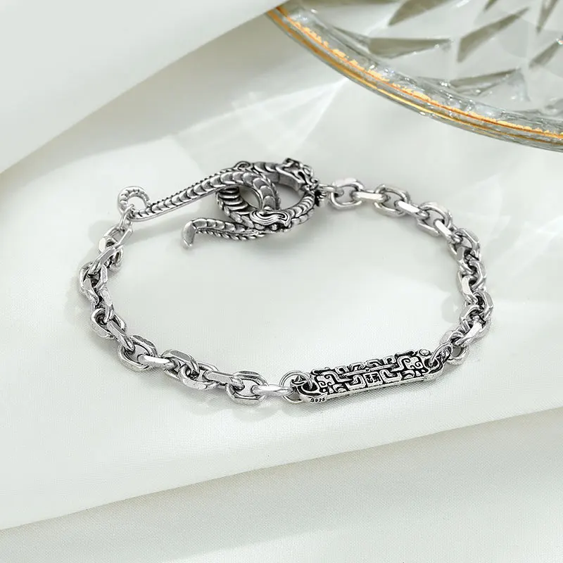 Retro Classic silver 925 Chinese Style Dragon glutton texture charm bracelet Men's trend Couple bangles Banquet Jewelry ﻿ ﻿