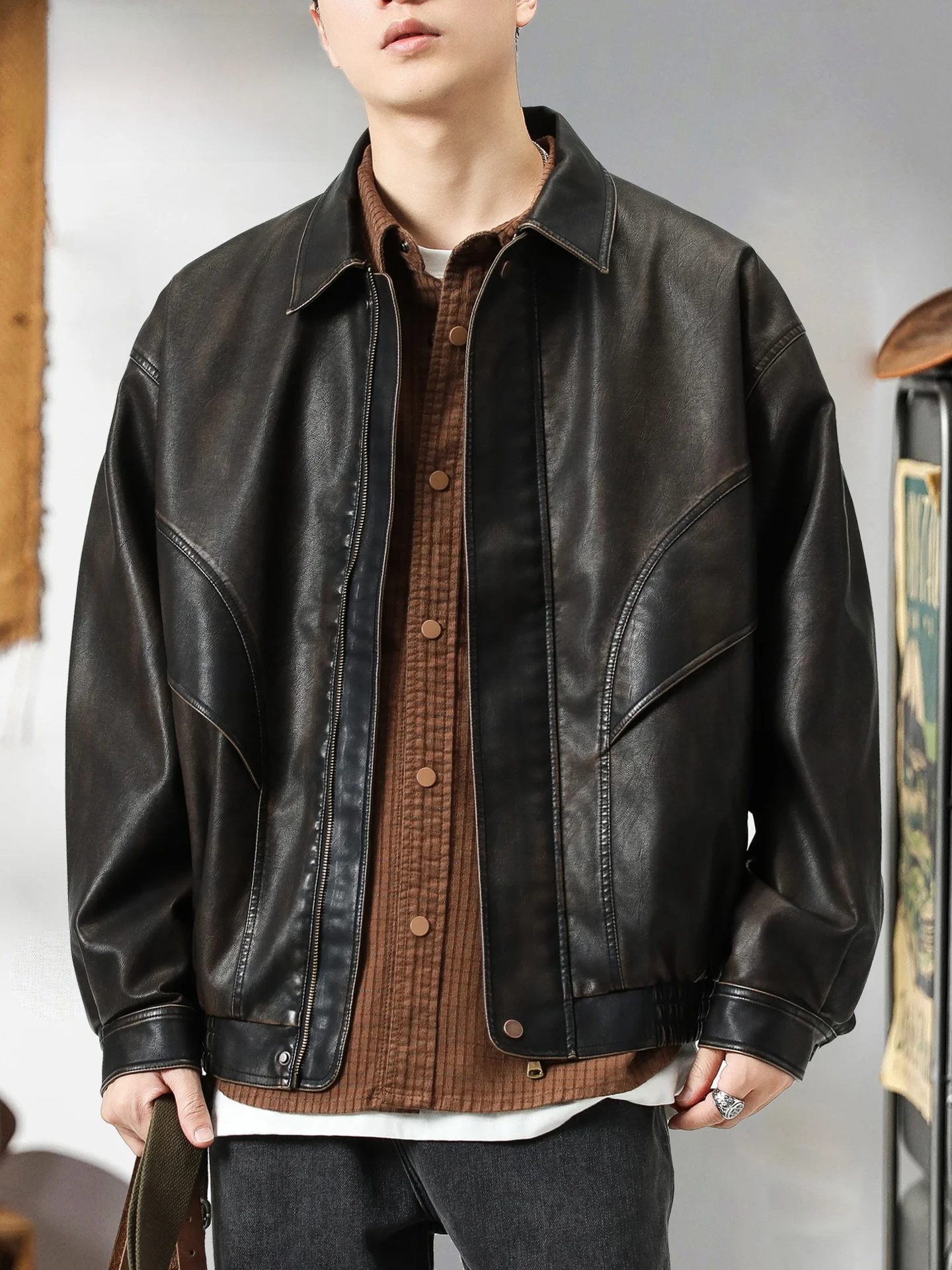 

American Retro Workwear Motorcycle Jaet Men's Loose Casual PU Leather Coat Autumn Faion Brand Street Sle Outdoor Gear