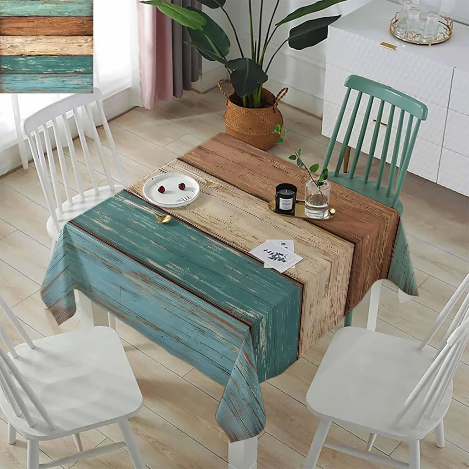 

Teal Rustic Square Tablecloth Waterproof Turquoise Green Brown Retro Table Cloth Cover for Baby Shower Baptism Buffet Party
