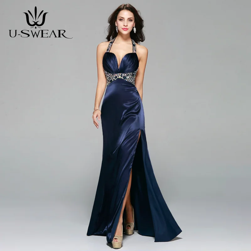 

Shining Navy Blue Evening Dresses Halter Backless Prom Dresses Split Sleeveless Beading Women Long Evening Gown Robe De Soiree