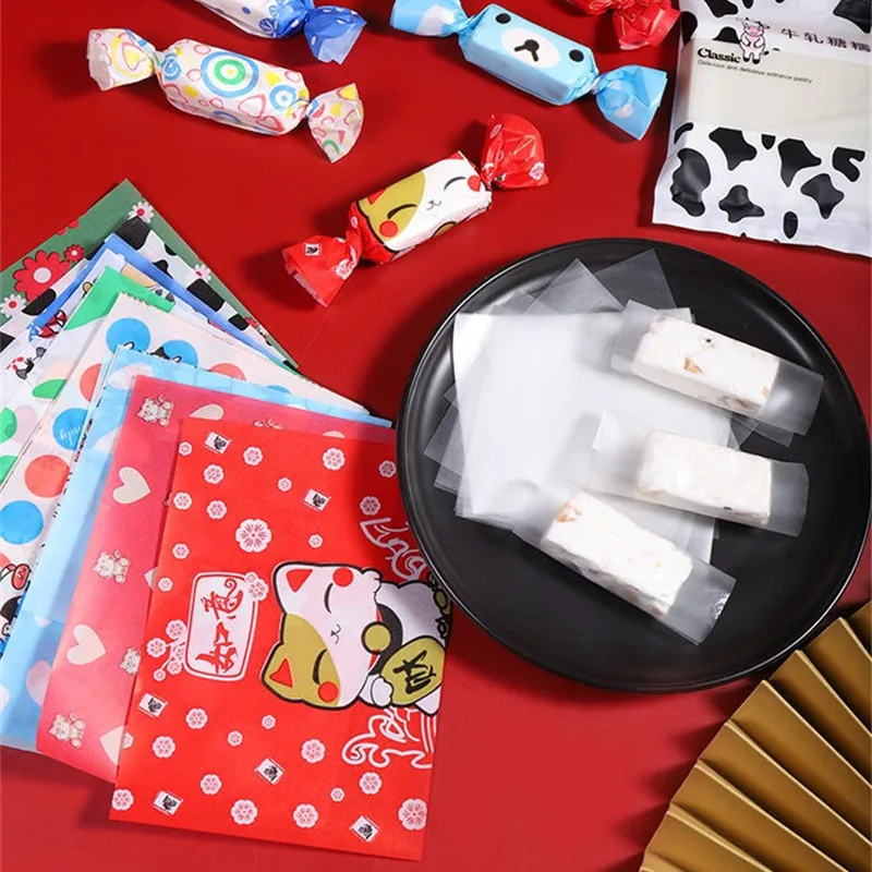 100Pcs Christmas Series Printed Handmade Nougat Candy Packaging Oil Papers Milk Taffy Wrapper Xmas Party Gift Decoration