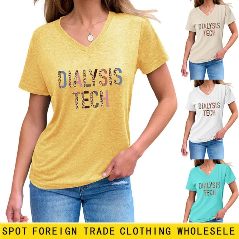 

Летняя удобная и универсальная женская повседневная футболка с V-образным вырезом и креативным буквенным принтом, с короткими рукавами.