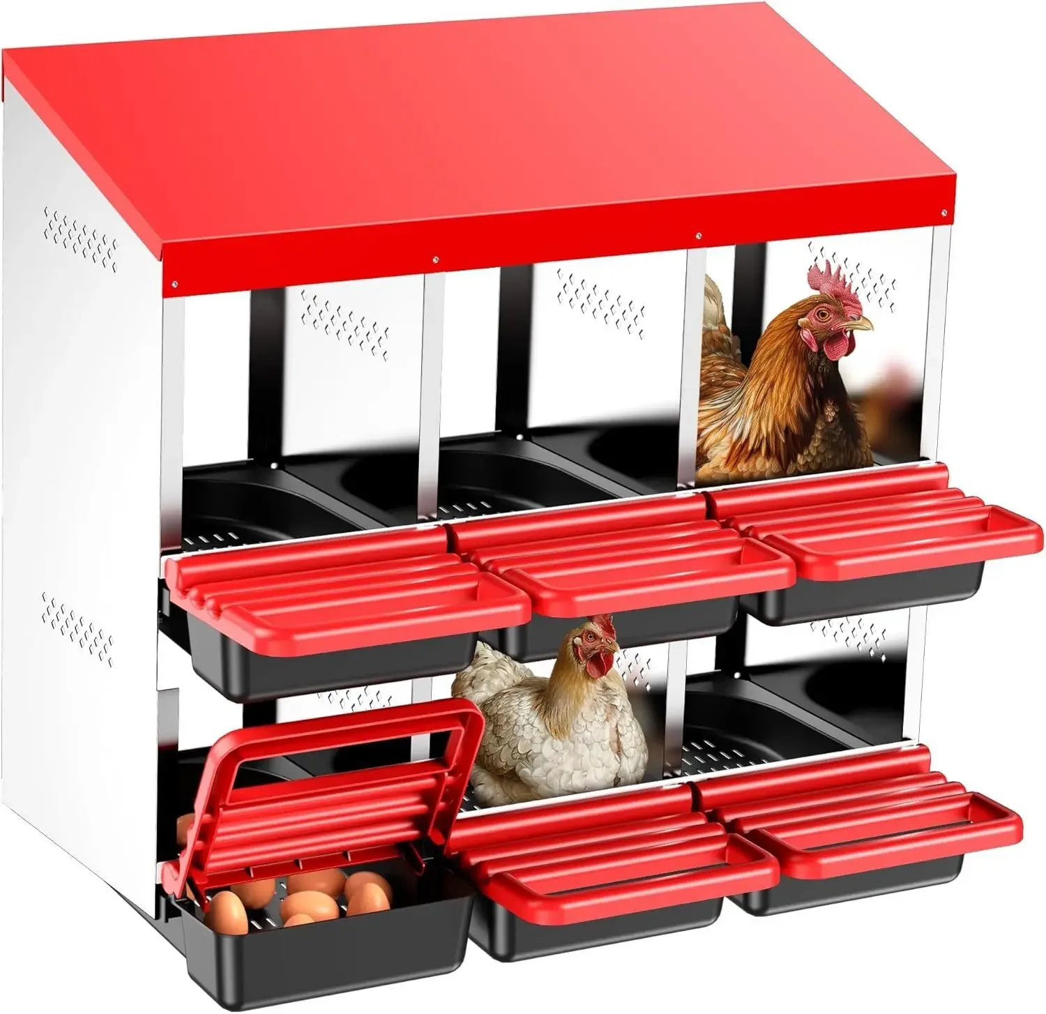 Chicken Nesting Boxes 2 Tier 6 Hole Metal Chicken Egg Laying Box with Swing Perch and Rollout Egg Collection for Chicken Coop