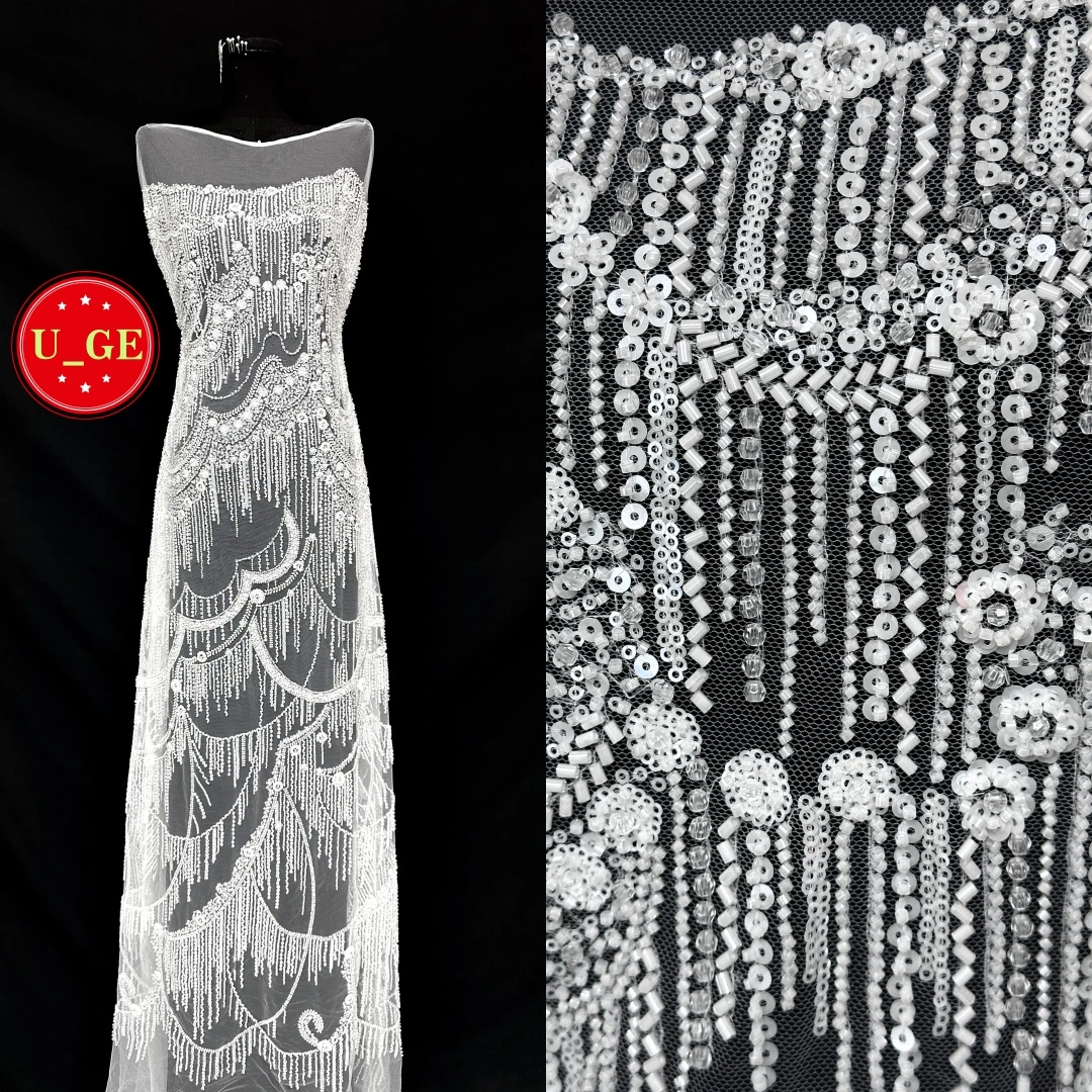 

2026Роскошное нежное мягкое сетчатое белое кружево с кисточками, элегантное высококачественное кружево-труба для свадебного вечернего платьяU_GE6238