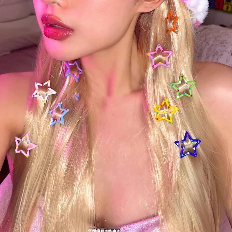 

6/10/12Pcs Y2K Dopamine Cute Candy Colors Stars Hairpins Sweet Cool Spicy Girls BB Hair Clips Wave Point Korean Hair Accessories