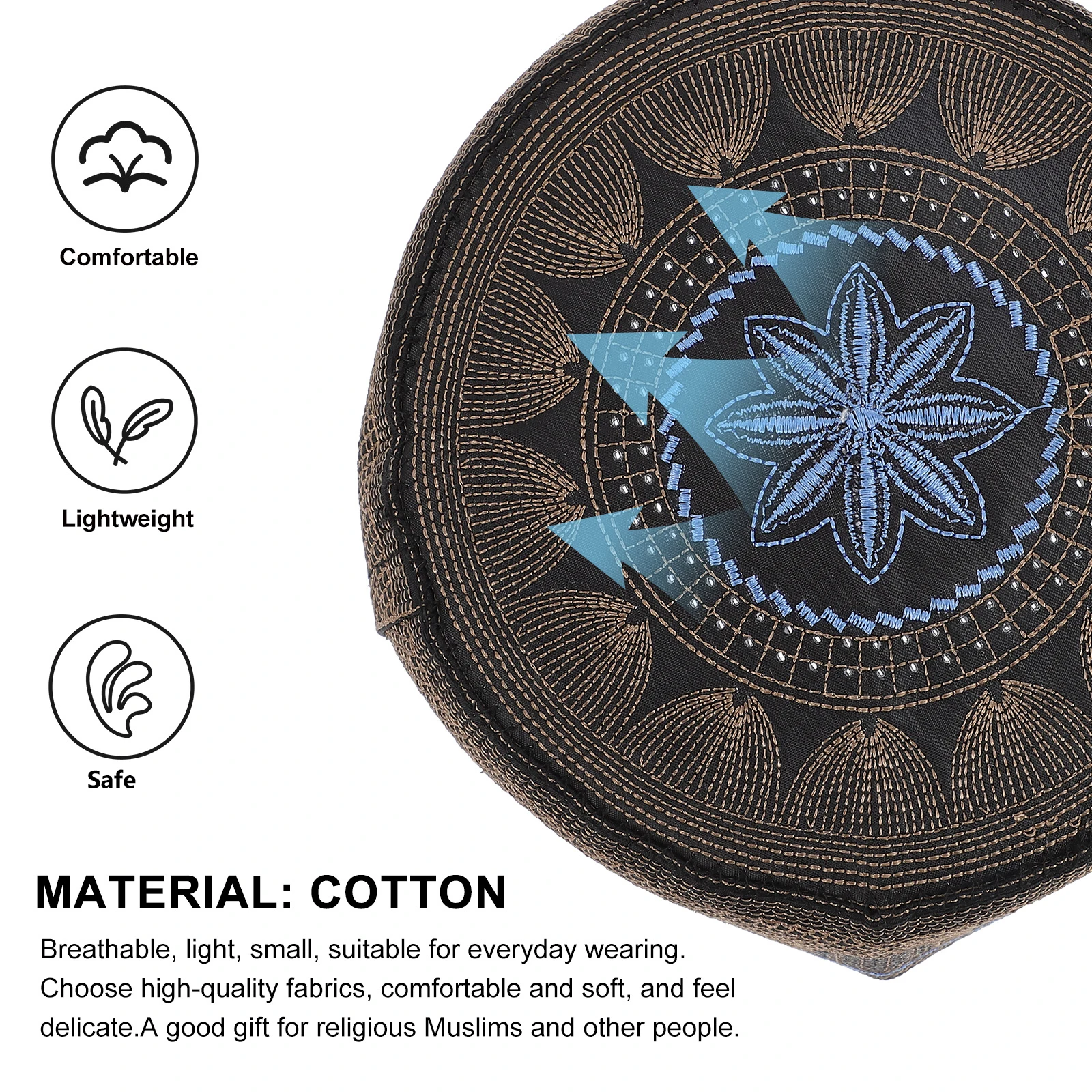 

Islamic Men's Hat Decorative Eid Embroidered Muslim Religious Prayer Tape Cotton
