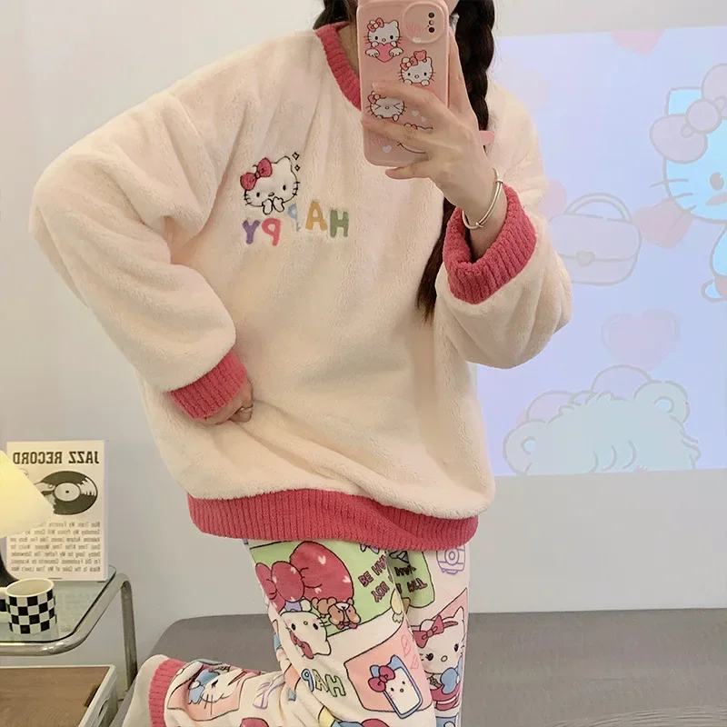 Sanrio hello kitty pajamas female autumn winter coral fleece plus fleece thermal sleepwear cartoon long sleeve home clothing