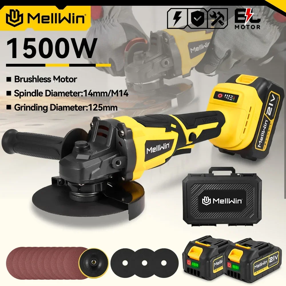 MELLWIN 125mm Bürstenloser Akku-Winkelschleifer, elektrischer Metall- und Holzschneider, Polierer, Elektrowerkzeug für Makita 18V Akku