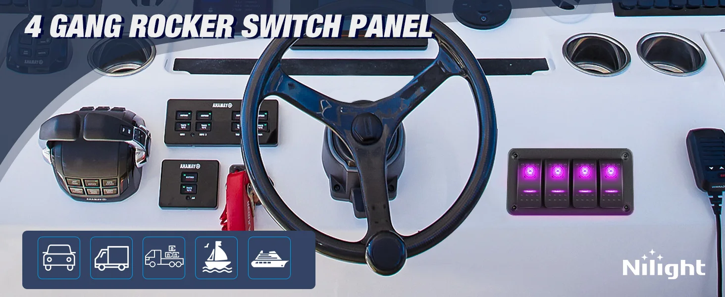 Nilight 4 Gang Rocker Switch Panel with Purple LED Light 5 Pin On Off Pre-Wired Aluminum Toggle Switches Waterproof for 12V/24V Cars Marine Boats ATVs Trailers RV Trucks