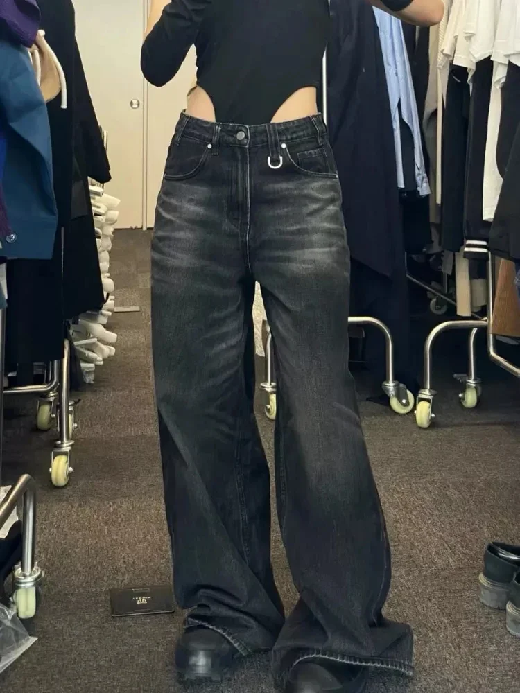 Y2K Women Vintage Streetwear Korean Baggy Black Jeans Retro Straight Parachute Pants Denim Trousers Fairy Grunge Alt Clothes