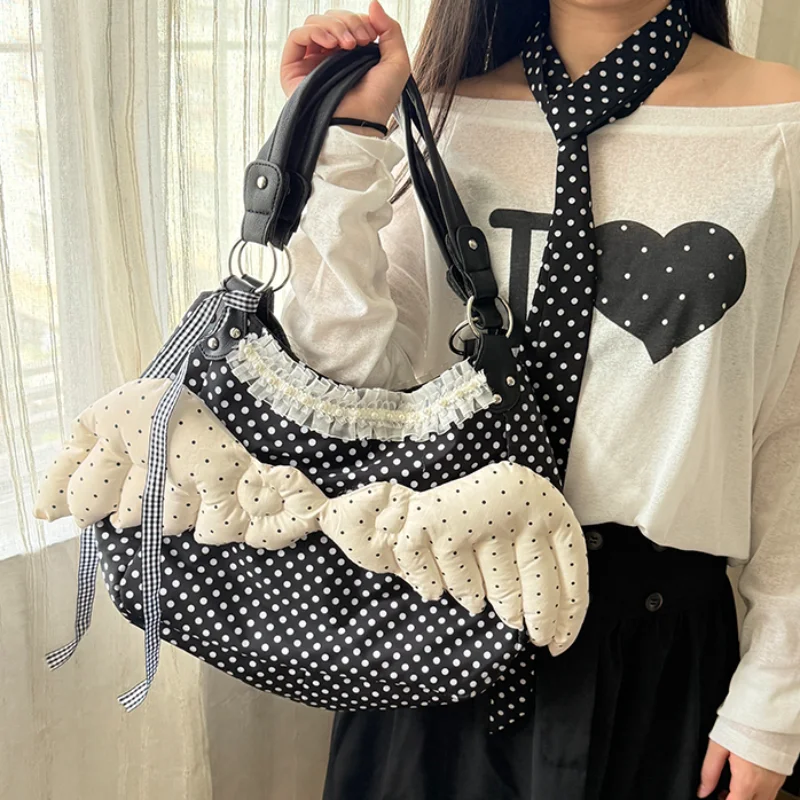 

Сумка-тоут Y2k в горошек с кружевной отделкой, двусторонняя, на плечо, большая вместимость, в стиле Харадзюку, холщовая, милая повседневная сумочка