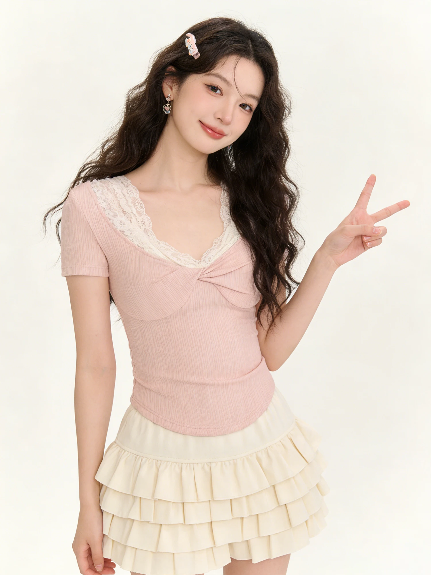 Sweet Pure Lace Splice Knot Short Sleeve T-Shirt Women's Summer Slimming Top Korean Style Commute Fashion Body Shape Universal