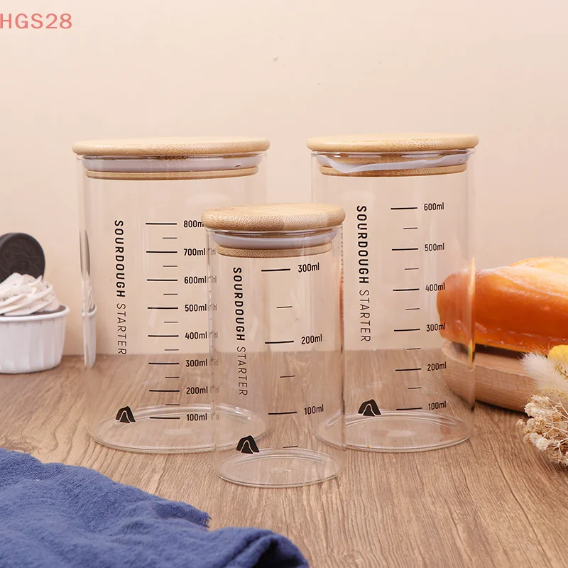 300/600/900ml Sourdough Starter Jar Clear Glass Heat Resistant Starter Container Baking Fermentation Food Storage Cup With Cover