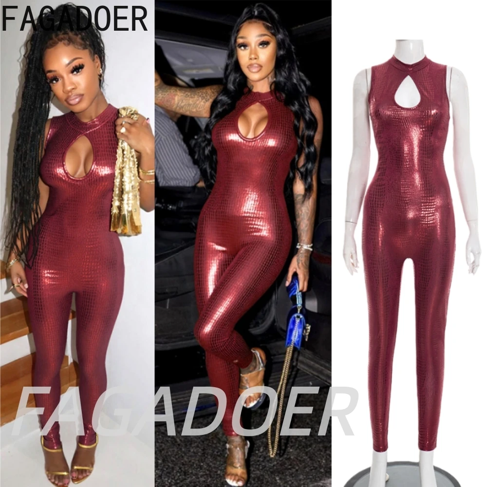 

FAGADOER Sexy Snake Print Hollow Bodycon One Piece Jumpsuits Women Round Neck Sleeveless Slim Playsuit Fashion Clubwear Overalls