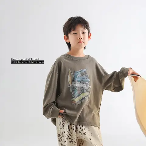 아동복 남아용 티셔츠, 용수철 후디, 한국 스타일, 2025 신상 패션, 스포츠 프린트 셔츠, 루즈 긴팔