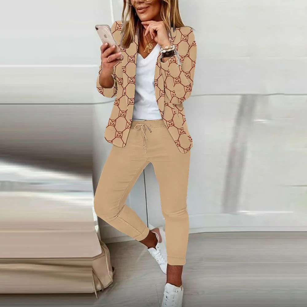 Two Piece Sets Women Pant Set Print Full Sleeve Blazers Coats Open Stitch Slim Fit Solid Long Pants Splice Office Ladies