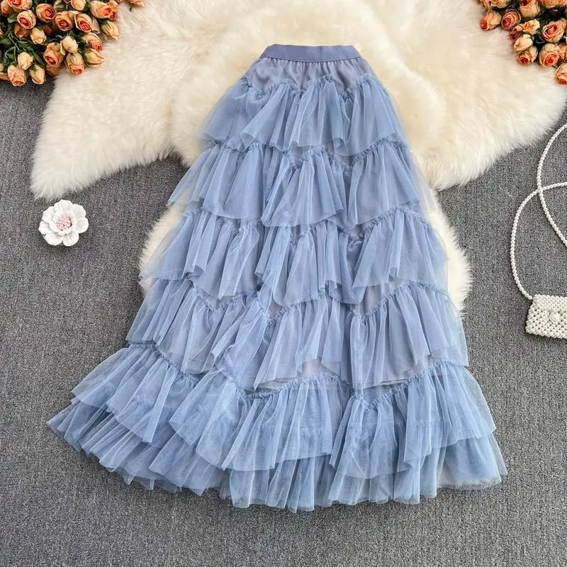 Spring Korean Tutu Tulle Long Skirts Womens Solid A Line High Waist Mesh Tiered Maxi Skirt Female Faldas Aesthetic