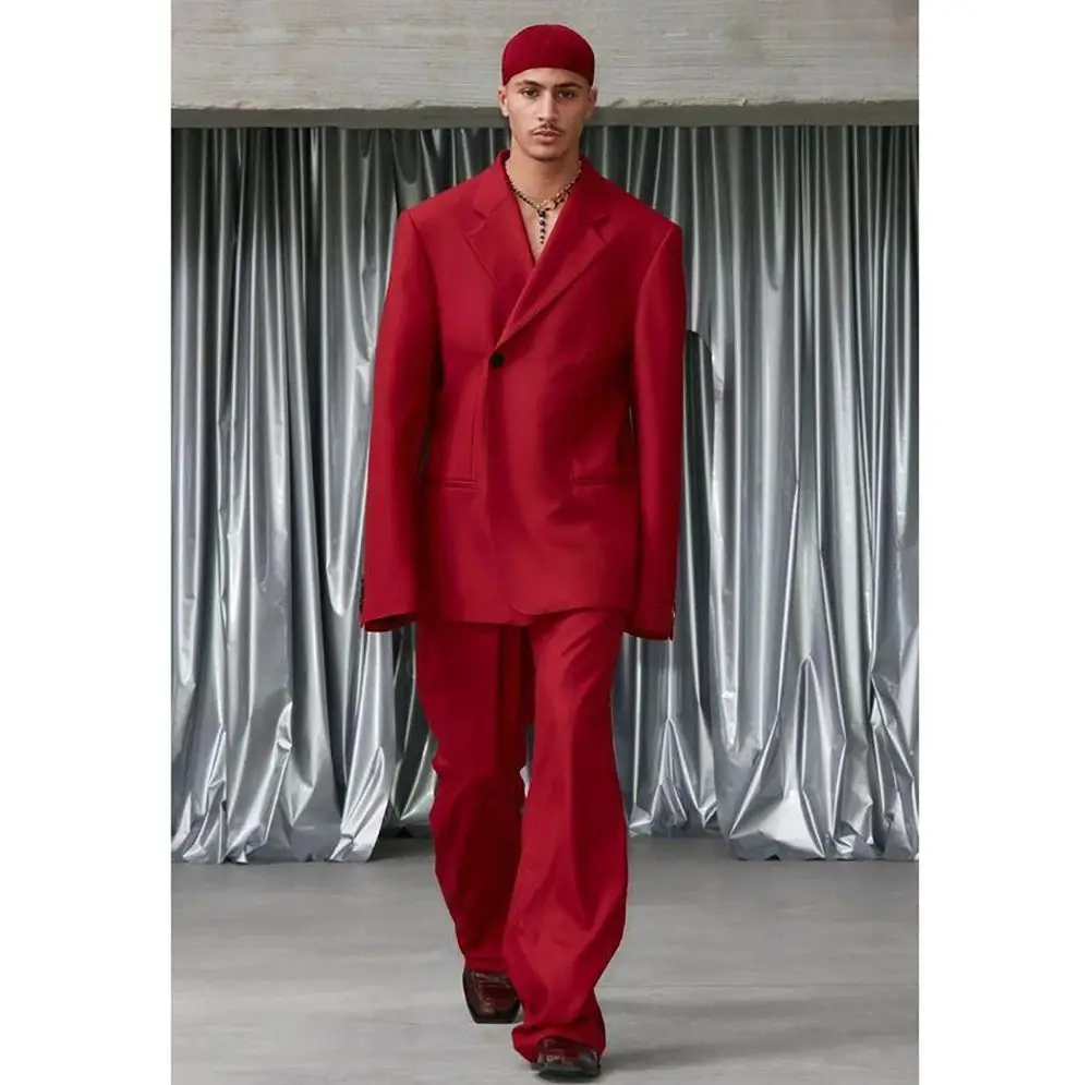 Red Loose Single Button High-quality Men Suit Two Pieces Fashion Hot Sell Male Set Daily Business Blazer Pants