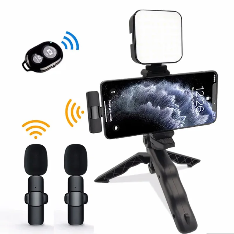 Wireless Vlogging Kit Phone Tripod with Lavalier Microphone LED Light for iPhone Android Smartphone Live Streaming Toolkit