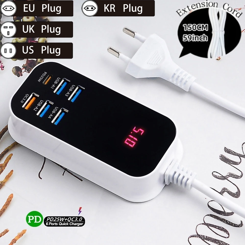 Real 50W 6-Ports USB Quick Charger PD QC 3.0 Fast Charging Display Type-C EU UK US 1.5M Desktop Power Adapter For Iphone Samsung