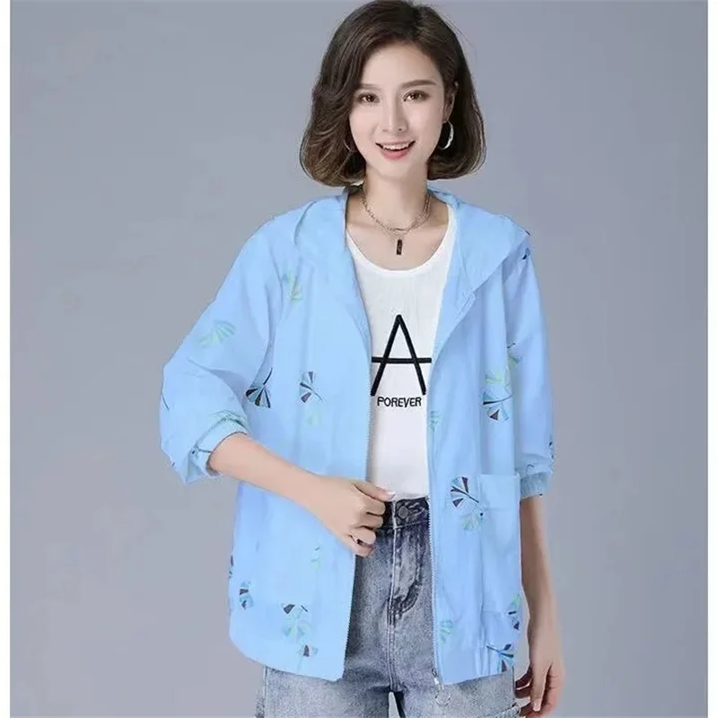 Women Jacket 2023 New Summer Print Sun Protection Thin Coat Windbreaker Female Long Sleeve Hooded Baseball Uniform Jackets