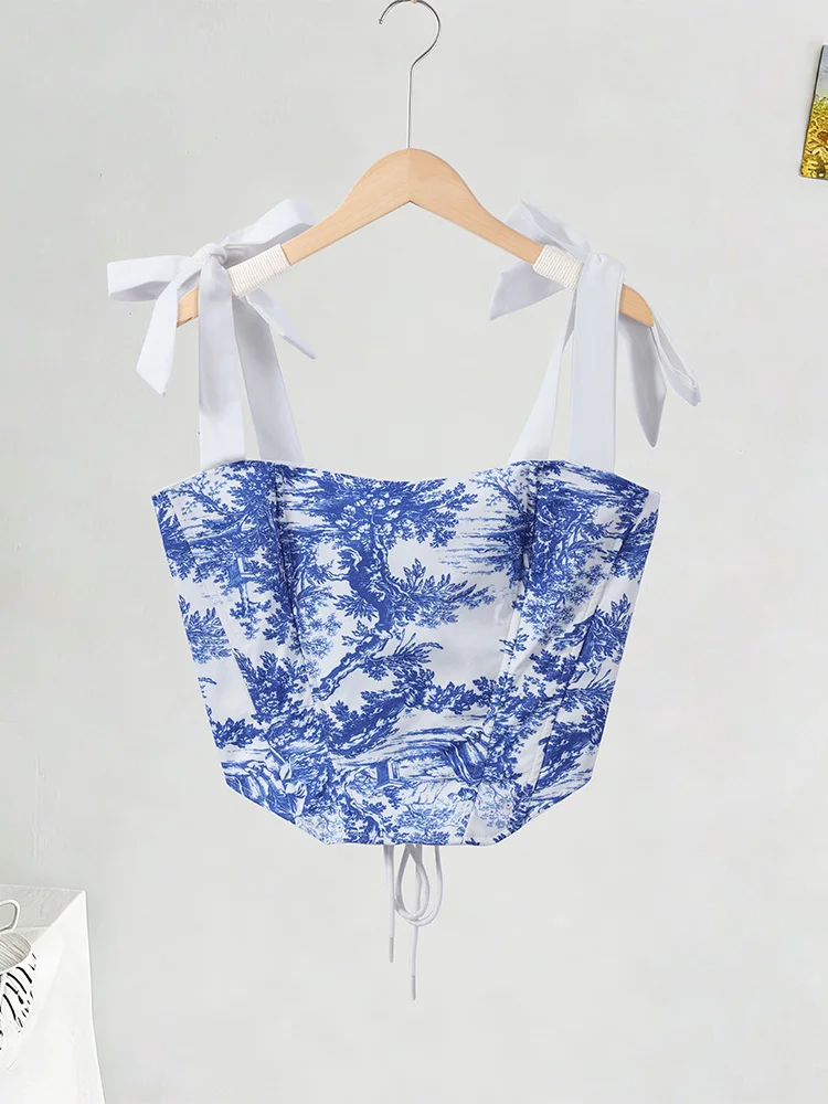 Bedruckte Schnür-Korsett-Tops für Damen, sexy, trägerlos, ärmellos, rückenfrei, schmal geschnitten, unregelmäßiger Saum, kurzes Top, neu, Partykleidung – Detail 2