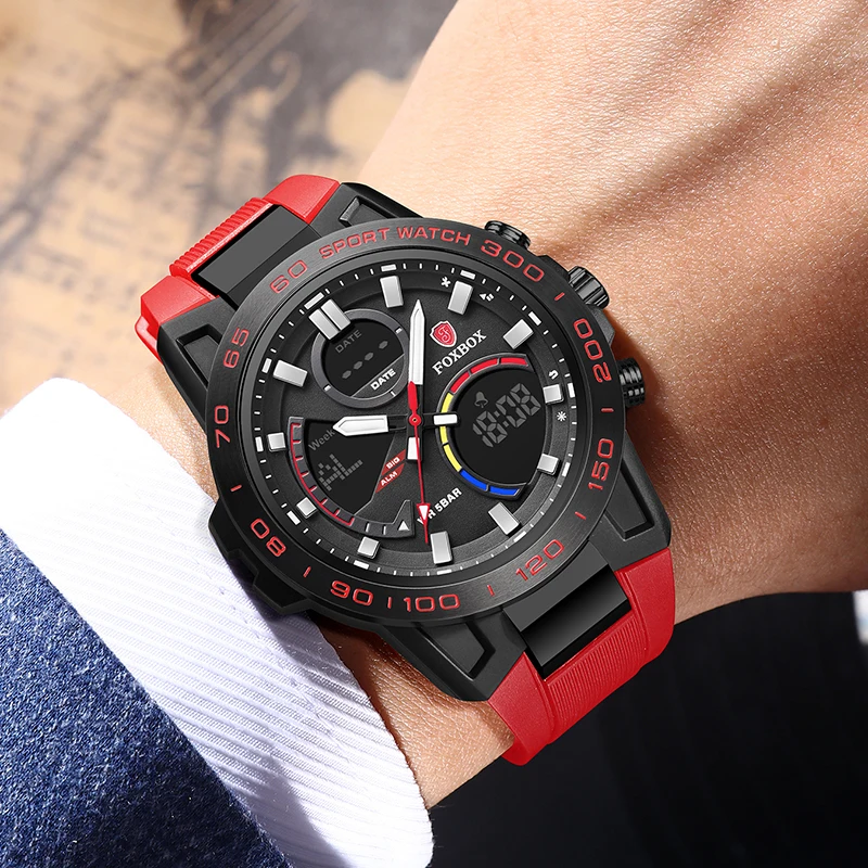 FOXBOX Luxury Watches Men Dual Display Watches Waterproof Mens Sport Wristwatch Men Military Clock Male Stopwatch Relojes hombre