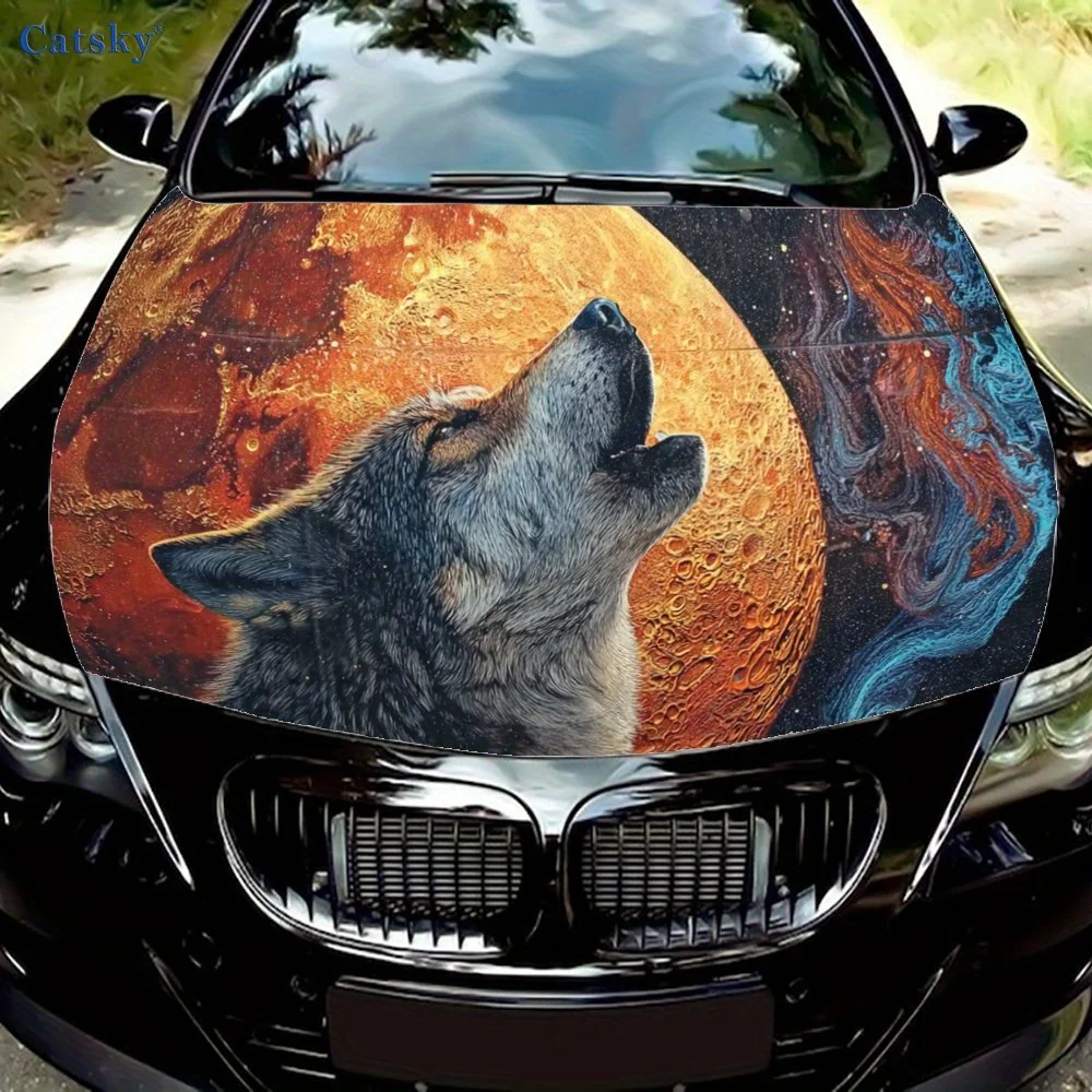 

Howling Wolf Car Hood Wrap-Waterproof & Scratch-Resistant Vinyl Sticker For Trucks, Cars, And Motorcycles-Easy To Install, Car D