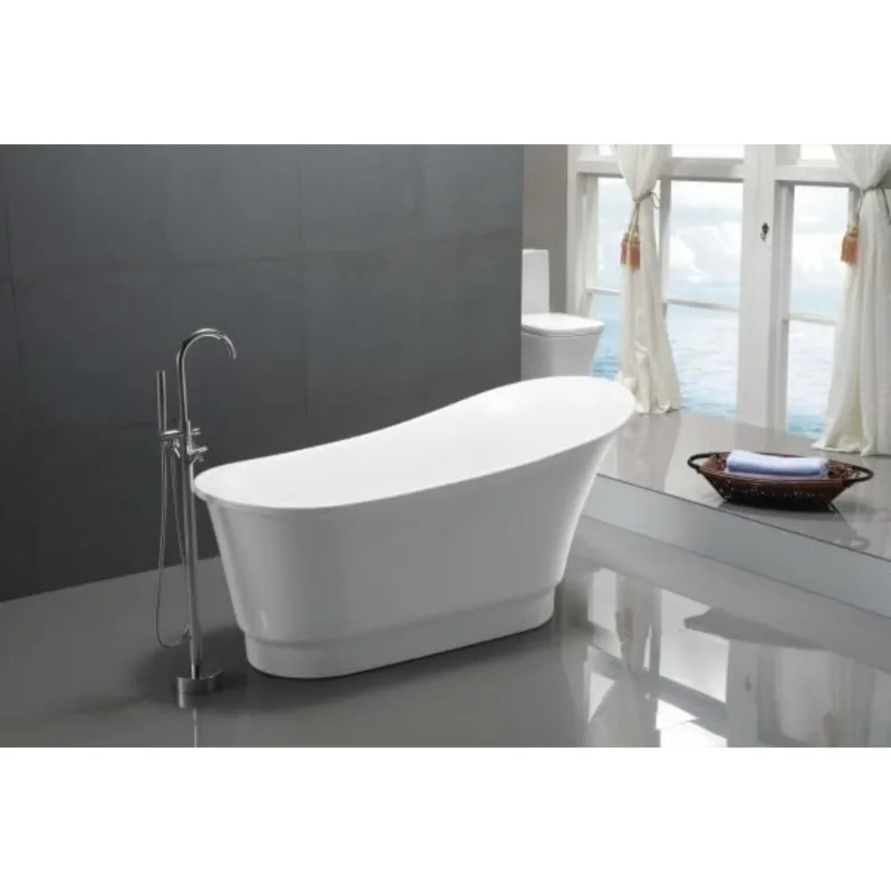 67 Inch Freestanding Bathtub, Smooth White Acrylic, Oval Flat Bottom, Luxurious Soaking Deep Bathroom Circular Upright Bathtub